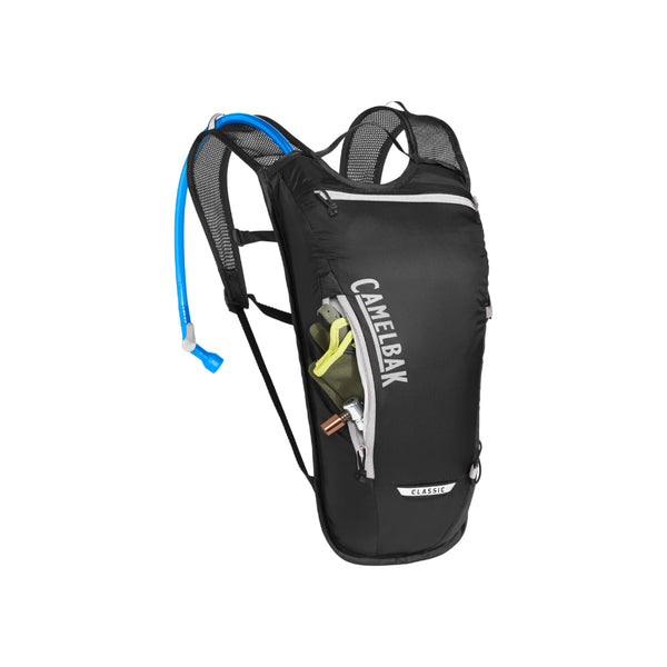 Black | Camelbak Classic Light 2L Image Showing Angled Front View, With Zippered Pocket Open.