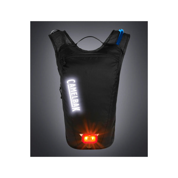 Black | Camelbak Hydrobak Light Image Showing Front View, In the Dark with The Light Being Reflected And A light On Attached(Sold Separately).