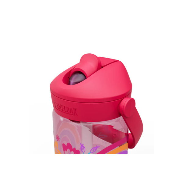 Rainbow Floral | Camelbak Kids Thrive Flip Straw Bottle Image Showing Close Up Of The Lid, Straw Sipper Down.
