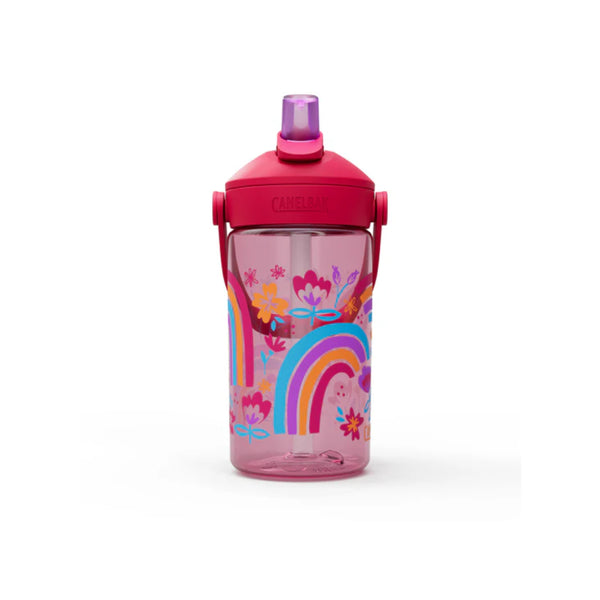Rainbow Floral | Camelbak Kids Thrive Flip Straw Bottle Image Showing Front View, Straw Sipper Up.
