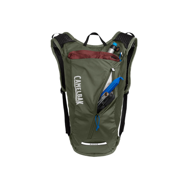 Dusty Olive | Camelbak Rouge Light 7 2L Crux Reservoir Image Showing Front View, All Zipper Pockets Open.