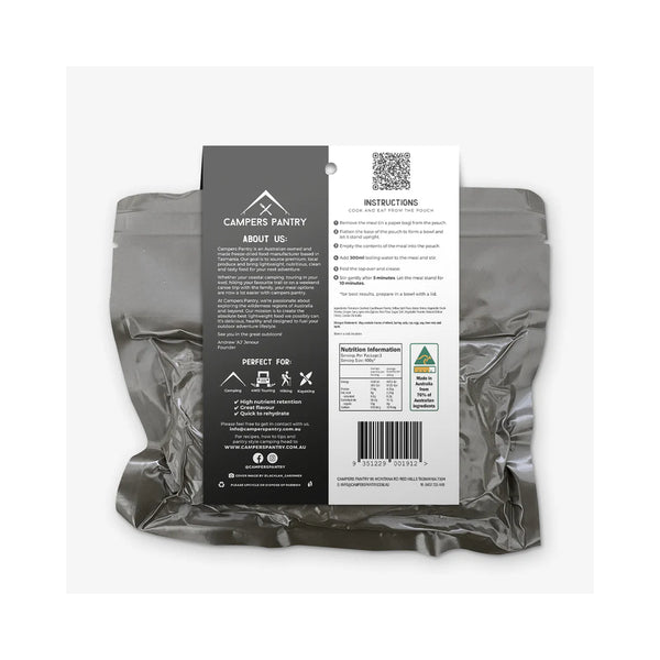 Cauliflower And Pea Dahl | Campers Pantry Freeze Dried Meals Image Showing Back Of Packet.
