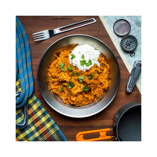 Cauliflower And Pea Dahl | Campers Pantry Freeze Dried Meal Image Showing Meal Served In A Bowl.
