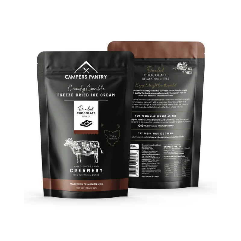 50g | Campers Pantry Crunchy Crumble Freeze Dried Gelato Image Showing Front And Back Of Packaging. 