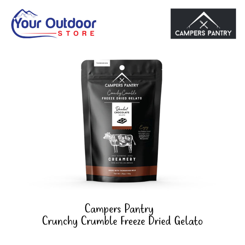 Campers Pantry Crunchy Crumble Freeze Dried Gelato | Hero Image Showing All Logos And Titles.