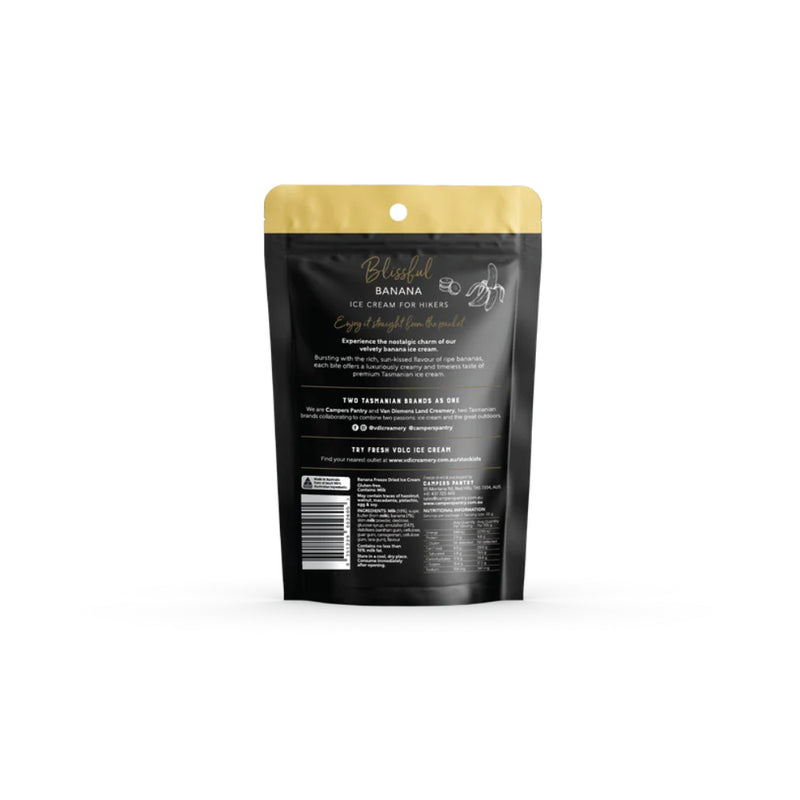 30g, Blissful Banana | Campers Pantry Freeze Dried Ice-Cream Image Showing Back Of The Package.