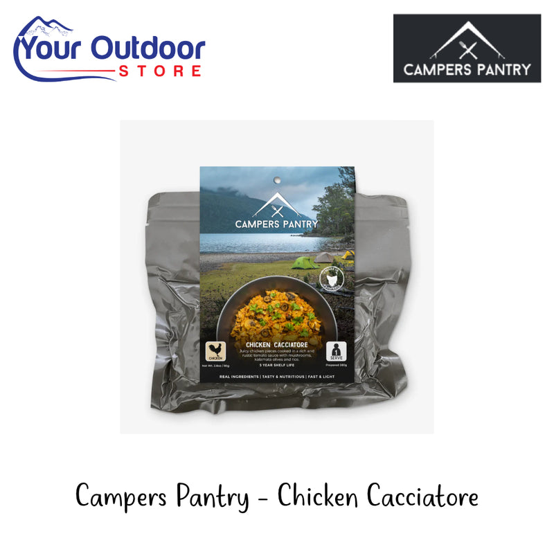 Campers Pantry Freeze Dried Chicken Cacciatore | Hero Image Showing All Logos And Titles.
