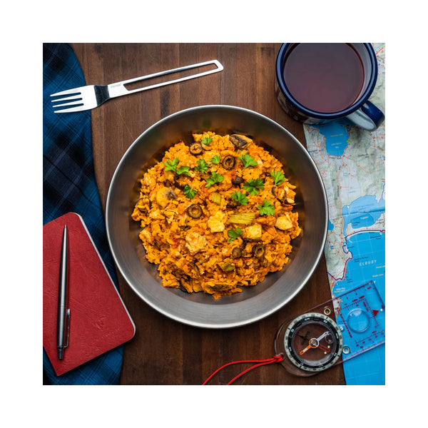 Chicken Cacciatore | Campers Pantry Freeze Dried Meal Image Showing Meal in A Bowl.