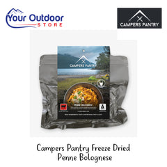 Campers Pantry Freeze Dried Penne Bolognese | Hero image Showing All Logos And Titles.
