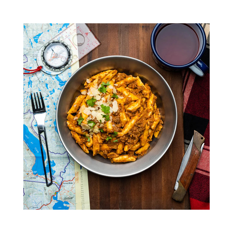 Penne Bolognese | Campers Pantry Freeze Dried Meal Image Showing Meal cooked And Served In A Bowl.