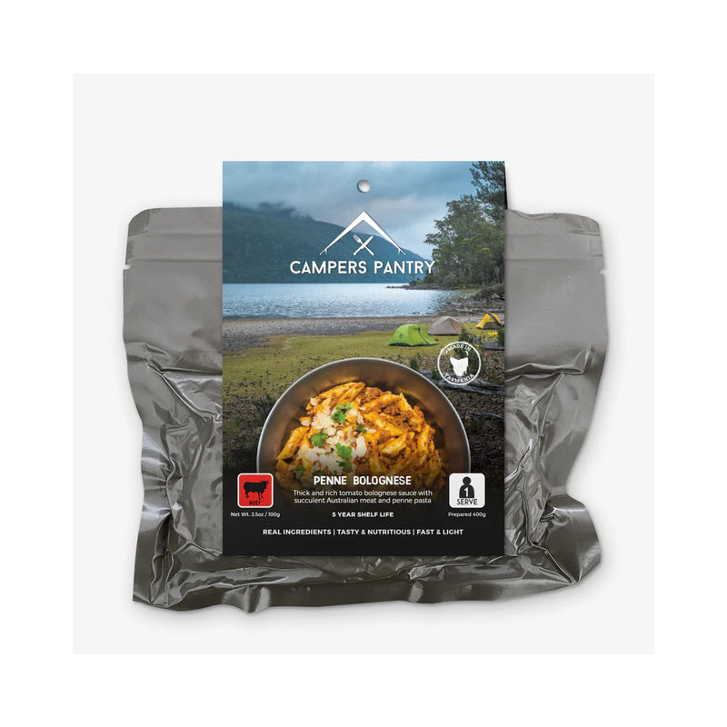 Penne Bolognese | Campers Pantry Freeze Dried Meal, Image Showing No Logos Or Titles.
