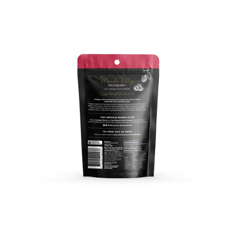 30g, Raspberry | Campers Pantry Freeze Dried Ice-Cream Image Showing Back Of Packaging.