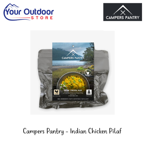 Campers Pantry Indian Chicken Pilaf | Hero Image Showing All Logos And Titles.