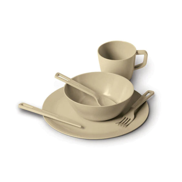 Cream | Campfire 1 Person Bamboo Camp Set. Showing Full Set - Cutlery, bowl, plate and Mug.  