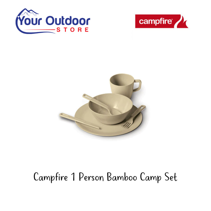 Campfire 1 Person Bamboo Camp Set. Hero Image Showing Logos and Title. 