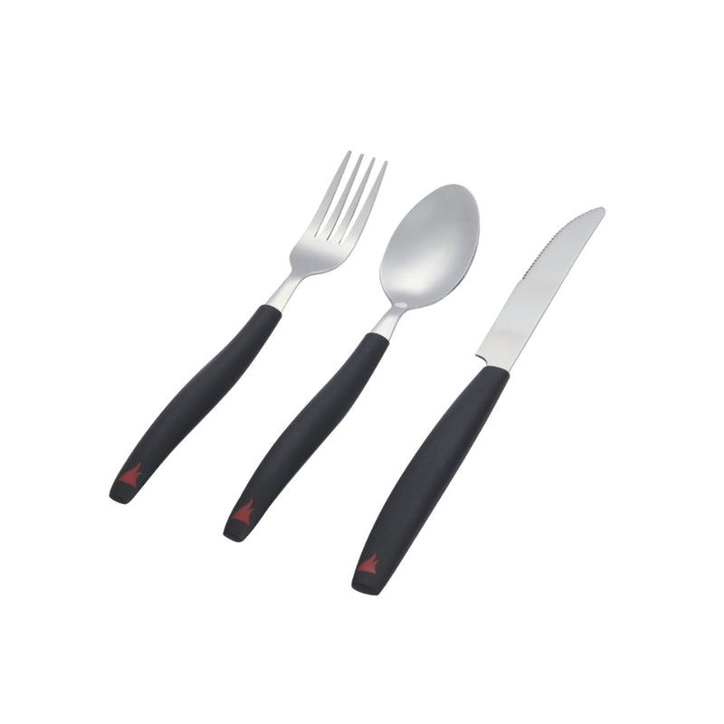 Black | Campfire 12 Piece Cutlery Set Image Showing Close Up Of The Fork, Spoon And Knife.