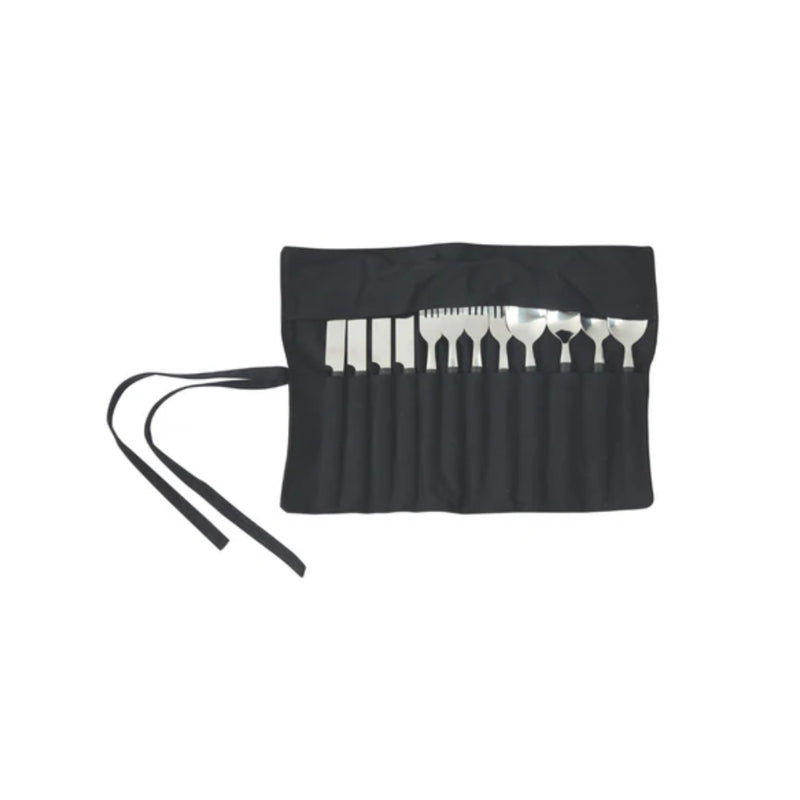 Black | Campfire 12 Piece Cutlery Set Image Showing All Cutlery In The Cotton Roll Pouch, Laid Out Flat.