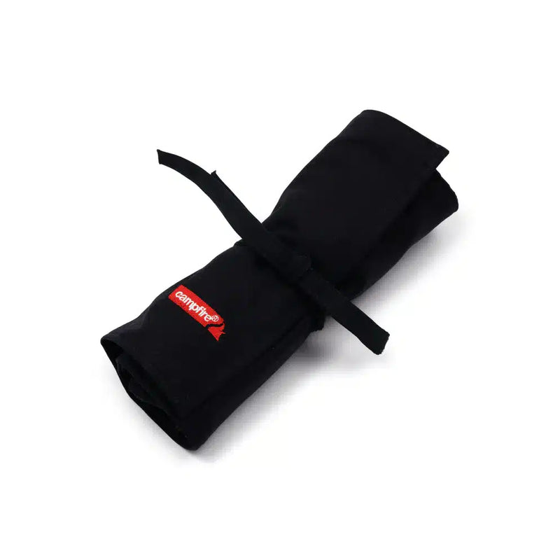 Black | Campfire 12 Piece Cutlery Set Image Showing Cutlery In The Cotton Roll Pouch, Rolled Up For Storge And Transport.