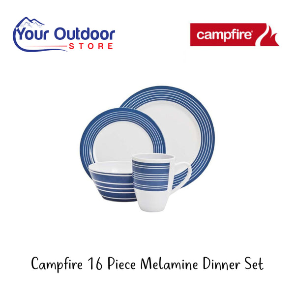 Campfire 16 Piece Melamine Dinner Set | Hero Image Showing All Logos And Titles.