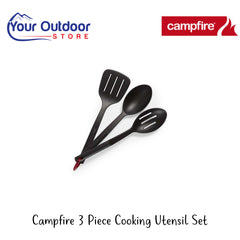 Campfire 3 Piece Cooking Utensil Kit | Hero Image Showing All Logos And Titles.