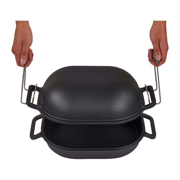 Black | Campfire Combo Camp Oven Kit Image Showing The Lid Being Lifted Off With the Lifter Handles.
