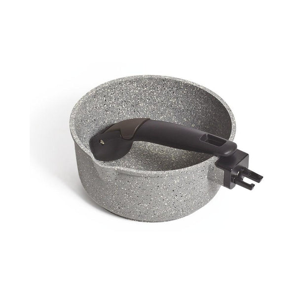 16cm | Campfire Compact Saucepan Image Showing Lid Off, With The Removable Handle in The Saucepan .