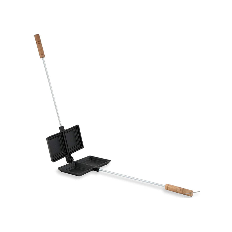 Black / Double | Campfire Jumbo Jaffle Iron Image Showing Angled Side View, Open.