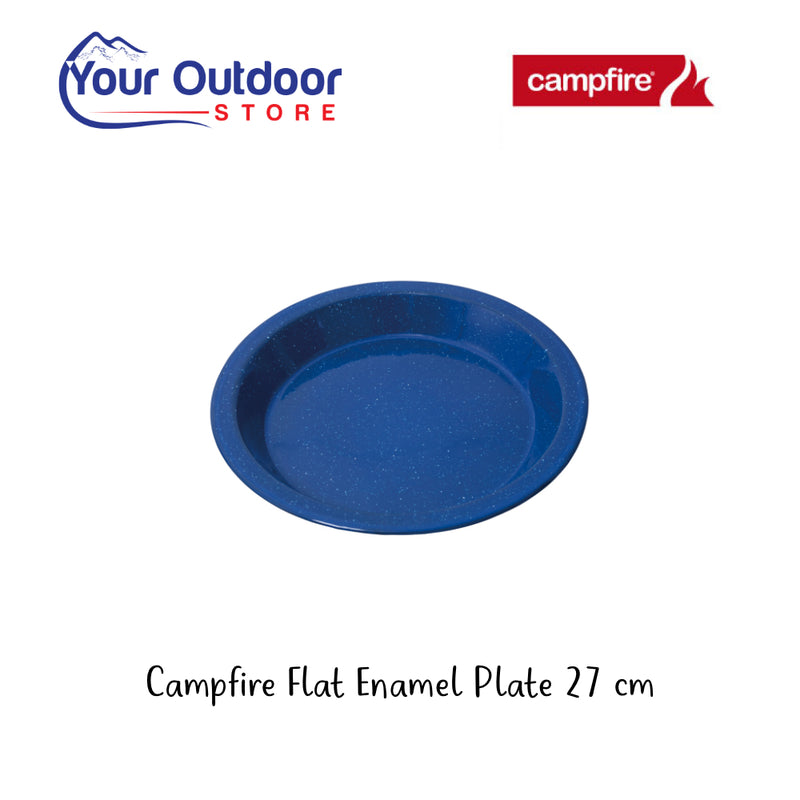 Campfire Flat Enamel Plate 27 cm. Hero Image Showing Logos and Title. 