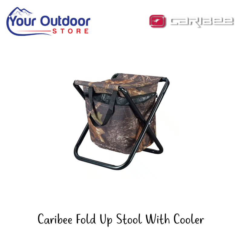 Caribee Fold Up Stool With Cooler | Hero Image Showing All Logos And Titles.