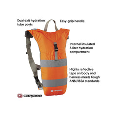 Hi Vis Orange | Caribee Nuke 3L Hydration Pack Image Showing Pack Information.