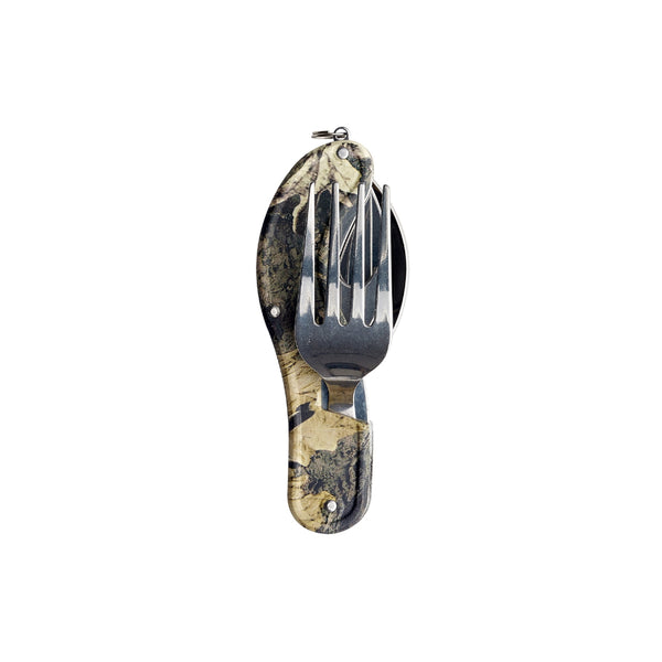 Camo | Caribee Pocket 4 In 1 Utensil Tool Image Showing All Utensils Folded Away.