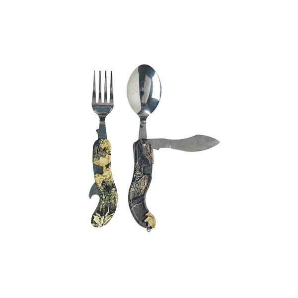 Camo | Caribee Pocket 4 n 1 Utensil Tool Image Showing Tool 1in Half Fork on One Side, Spoon And Knife On The Other.