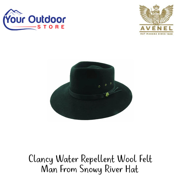 Clancy Water Repellent Wool Felt Man From Snowy River Hat | Hero Image Showing All Logos And Titles.