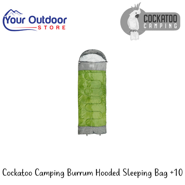 Cockatoo Camping Burrum Hooded Sleeping Bag +10 | Hero Image Showing All Logos And Titles.