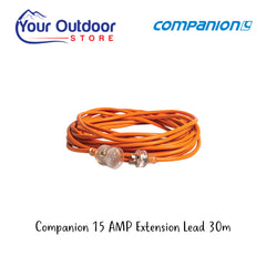 Companion 15 AMP Extension Lead 30 m. Hero Image Showing Logos and Title. 