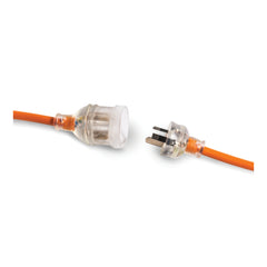 Orange | Companion 15 AMP 30m Extension Lead. Showing end Plugs. 
