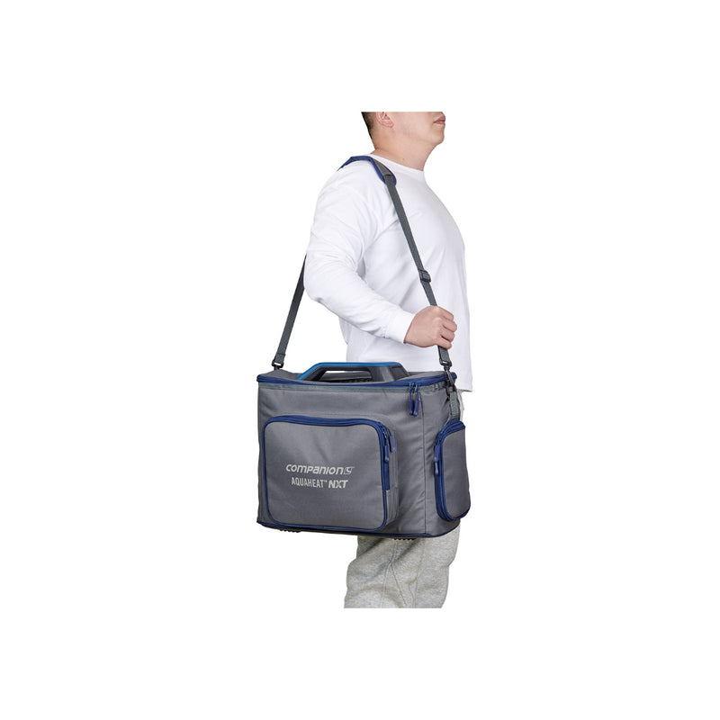 Companion Aquaheat NXT Carry Bag | Image Showing The Carry Strap Being Used For Transporting The Aquabheat NXT Unit.