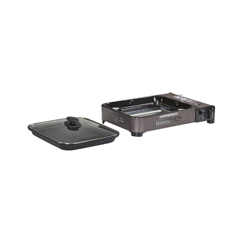 Single/Grey | Companion Butane Stove With Frypan Image Showing Frypan Out Of The Butane Stove