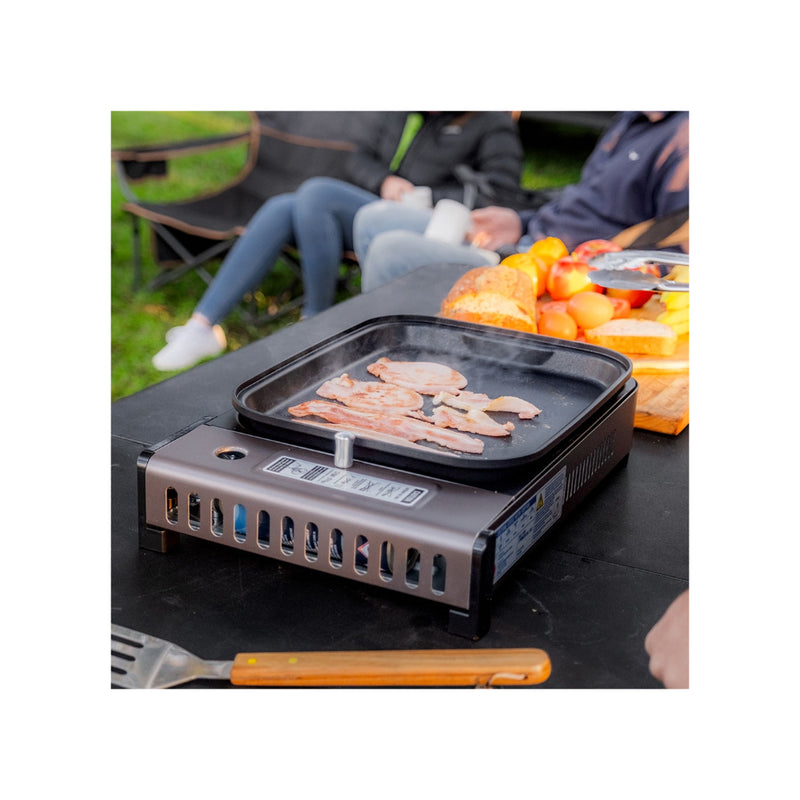 Single/Grey | Companion Butane Stove With Frypan Image Showing Angled Back View, With Food Being Cooked.