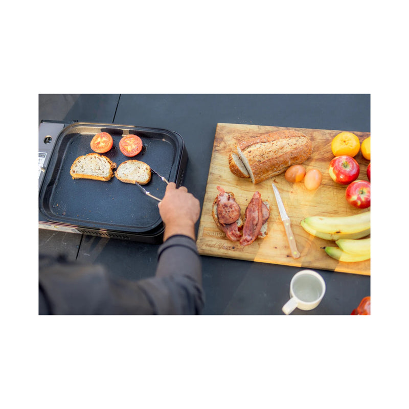 Single/Grey | Companion Butane Stove With Frypan Image Showing Top View Of Food Being Cooked On The Frypan.
