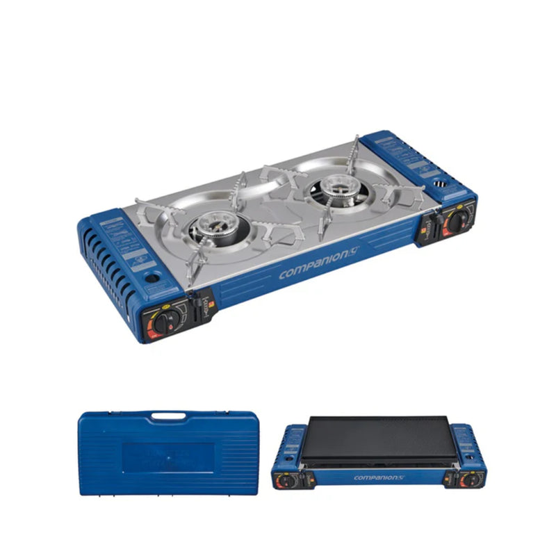 Double/Blue | Companion Double Butane Stove Image Showing Top View Of The Stove Without The Hot Plate, With The Top Plate And Of The Carry Case.