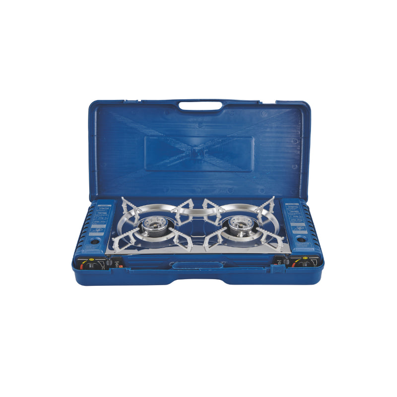 Double/Blue | Companion Double Butane Stove Image Showing Top View Of The Stove In The Carry Case.