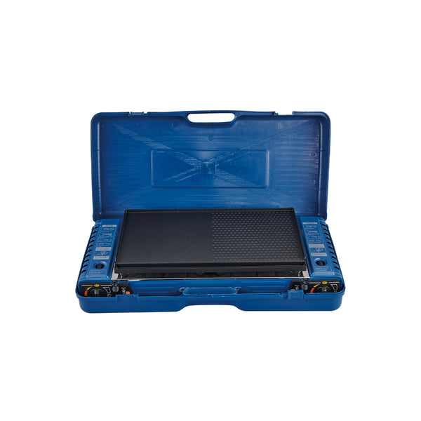 Double/Blue | Companion Double Butane Stove Image Showing Top View Of Stove With Hot Plate ON, Inside The Carry Case.