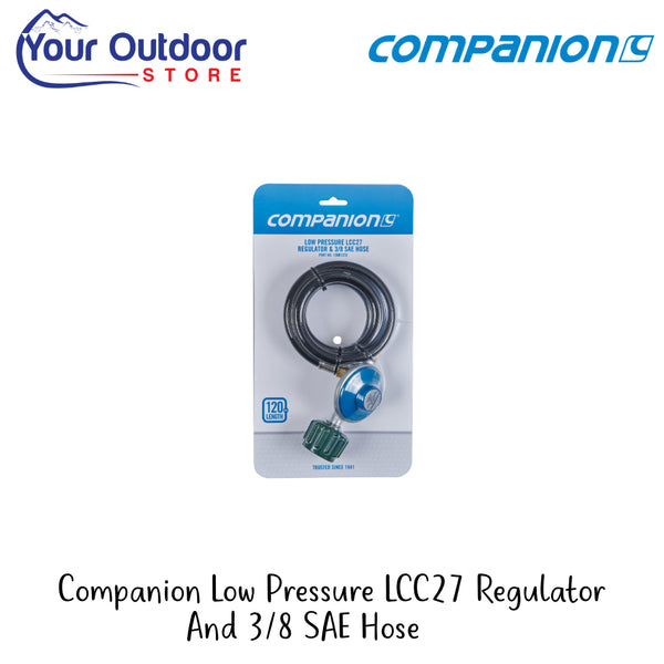 Companion Low Pressure LCC27 Regulator And 3/8 SAE Hose | Hero Image Showing All Logos Or Titles.
