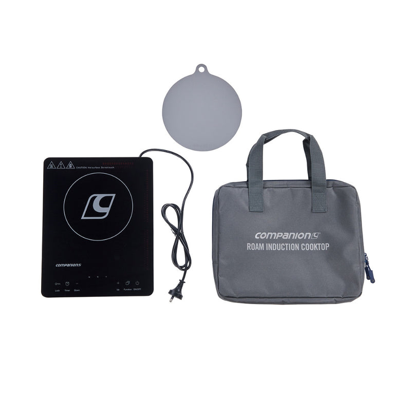 Single/Black | Companion Roam Induction Cooktop Image Showing The Cook Top, Included Silicone Mat And The Included Travel/Storage Bag.