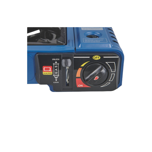 Blue | Companion Single Butane Stove Image Showing Close Up View Of The Heat Selector, And Safety Switch.