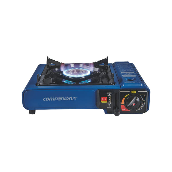 Blue | Companion Single Butane Stove Image Showing, Flame Lit.