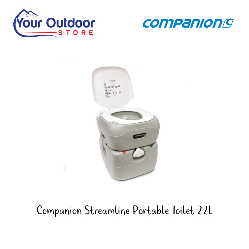 Companion Streamline Portable Toilet - 22L. Hero Image Showing Logos and Title. 