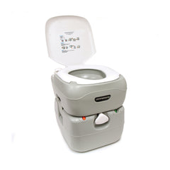 White | Companion Streamline Portable Toilet. Angled Front View, Lid Open.  