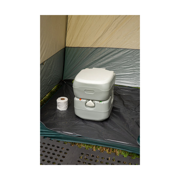 White | Companion Streamline Portable Toilet. Set Up in Tent - Lid Closed.